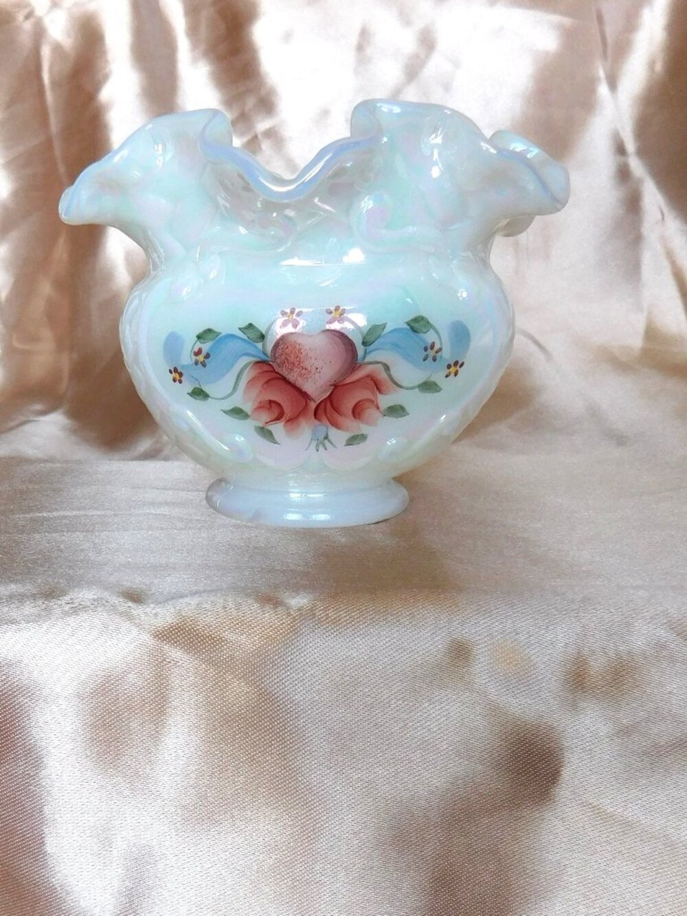 Fenton Pearl Opalescent Hand painted Rose Ruffled Glass Bowl Signed O. Fredrick